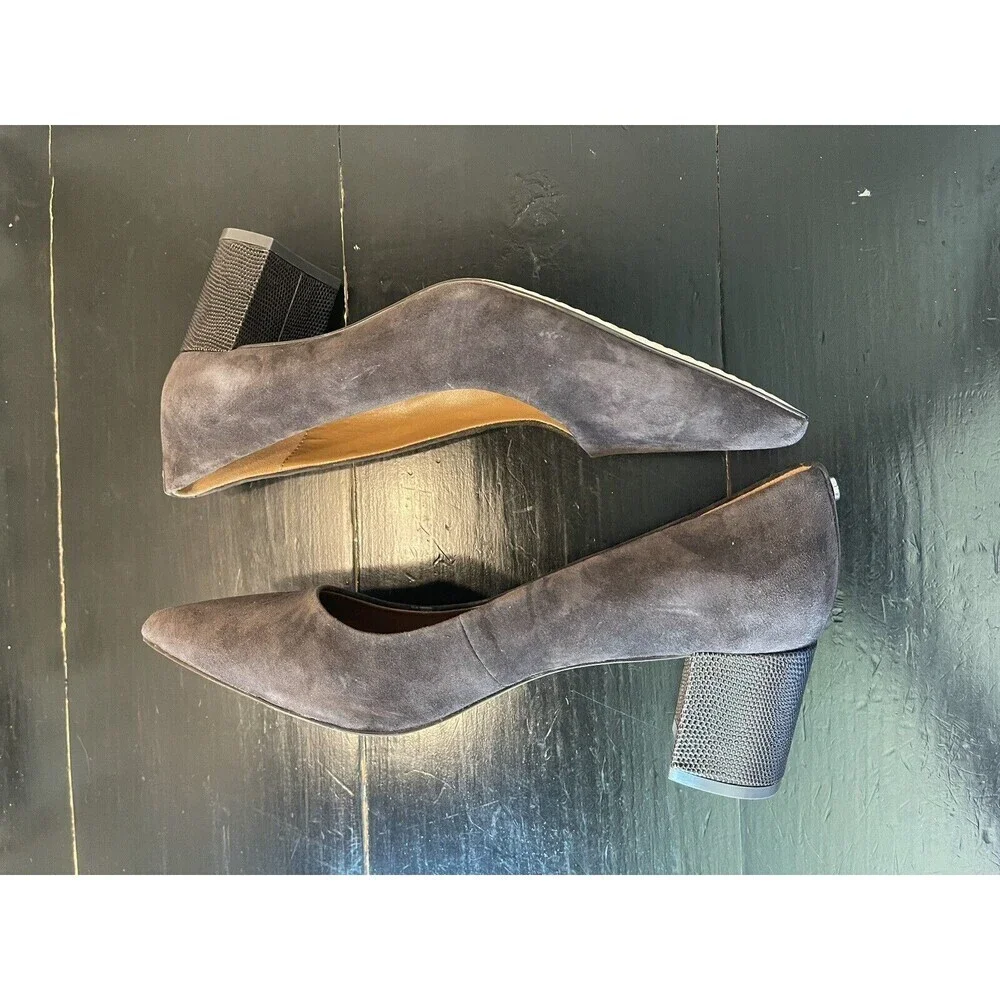 Women's Pointed Toe Block Heel Pumps - Gray Suede - Picture 6 of 9